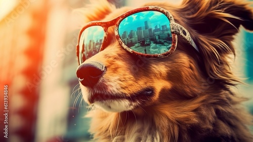 Cute long haired Dog wearing glasses on blurred city background, copy space banner, AI-generated