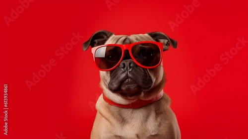 Dog French bulldog in red glasses isolated on the red banner, copy space, AI-generated © ISVO