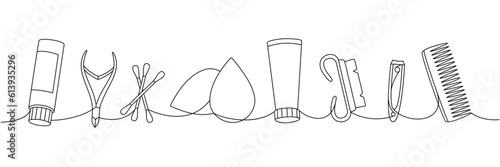 Makeup tools one line continuous drawing. Cosmetic cream, nail tongs, makeup sponge, manicure brush, hair comb continuous one line illustration.