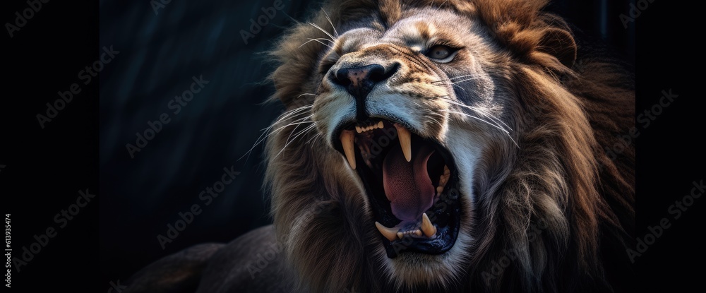 lion roars from the night in the dark background Generative AI
