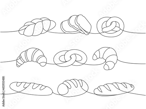 Set of fresh breads one line continuous drawing. Whole grain bread, pretzel, croissant, bagel, french baguette continuous one line illustration.