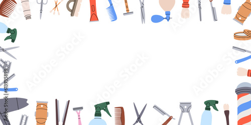 Hairdressing tools in horizontal banner. Barber shop line background. Barber pole, razor blade, hair clipper, scissors, comb, dryer, spray bottle.