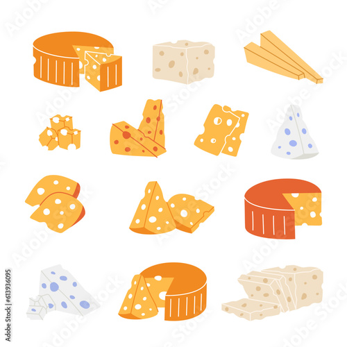 Set of cheese pieces and slices. Pieces of cheese with internal holes. Cheddar, camembert, brick, maasdam, brie, roquefort, gouda, feta and parmesan.