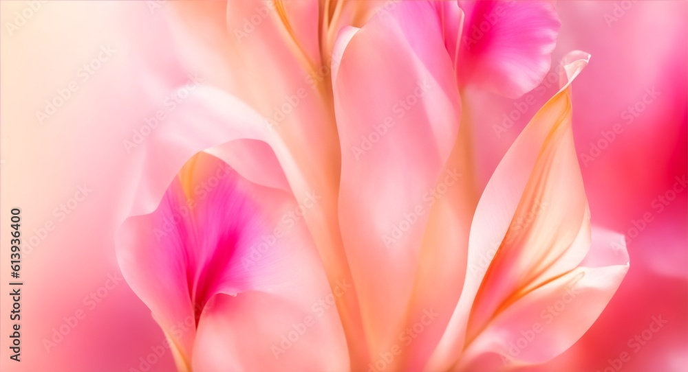 Beautiful flower Gladiolus from smooth elegant transparent fabric concept, contemporary on bright bokeh background 3d pink and peach colors, generative ai