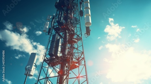 5G antenna with the sky in the background. Concept of advanced technology and communication against the background of a huge sky. Generative AI