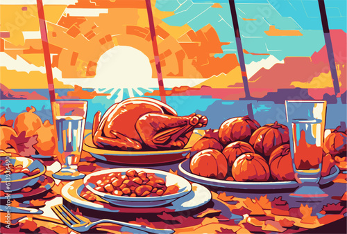 Happy thanksgiving background vector illustration, thanksgiving dinner at sunset in the style of orange and aquamarine