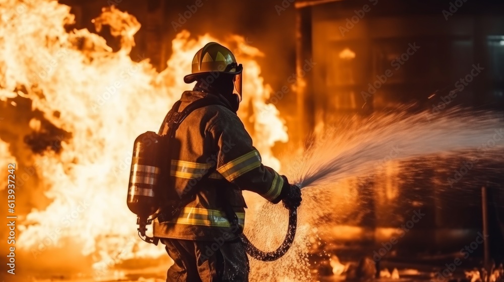 A firefighter fights the flames with water and a fire extinguisher. Concept of bravery and heroism of firefighters. Generative AI A firefighter fights the flames with water and a fire extinguisher. Concept of bravery and heroism of firefighters. Generative AI