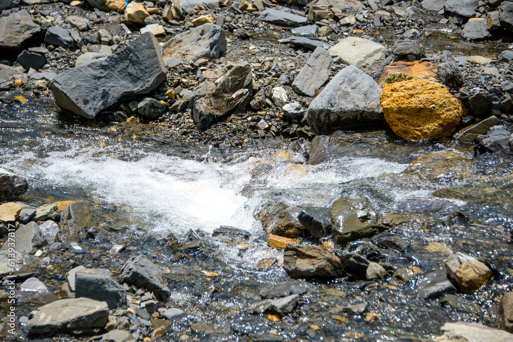 Water flowing over river rocks near mountains in Nathia Gali, Abbottabad, Pakistan. Water flowing over river rocks near mountains in Nathia Gali, Abbottabad, Pakistan.