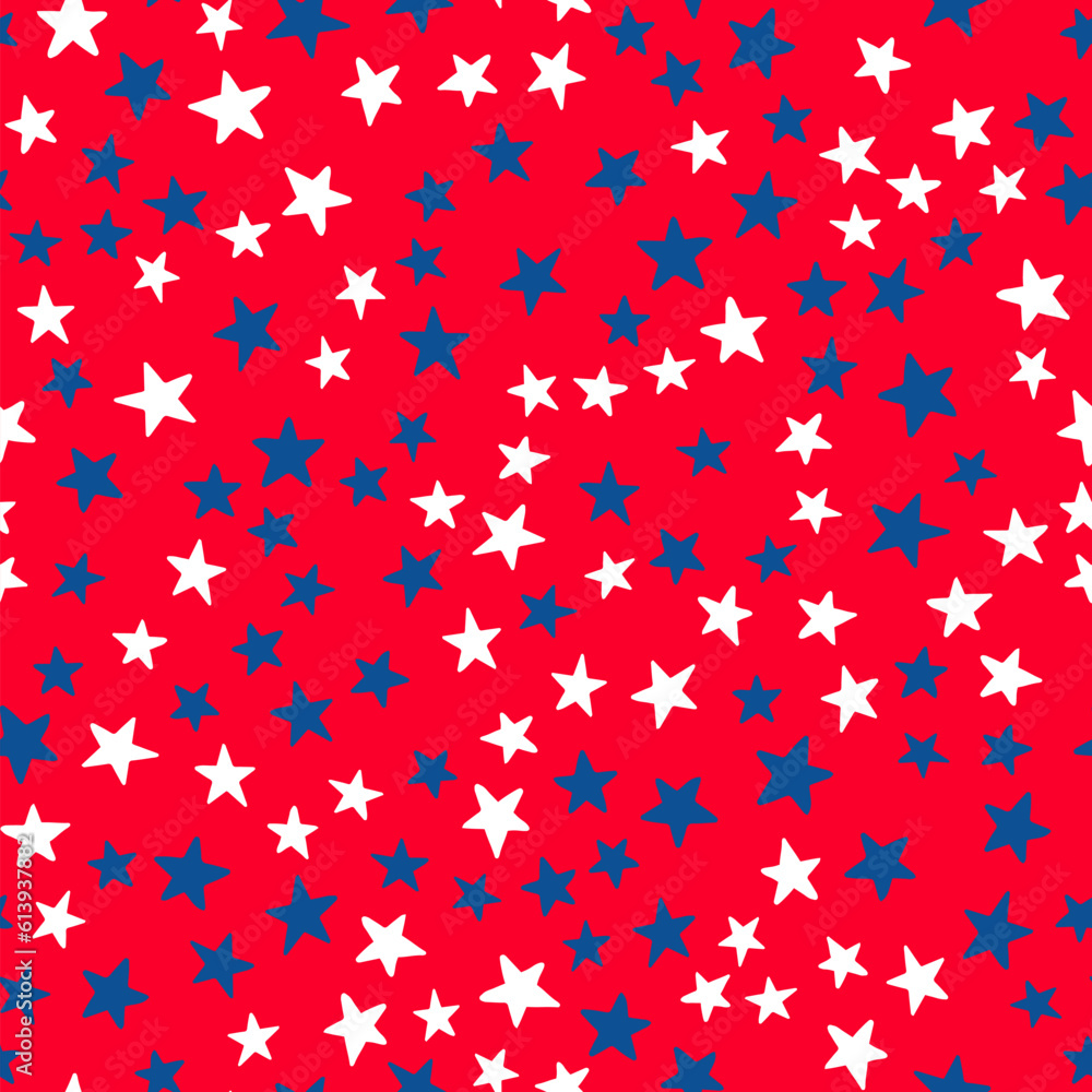 United States patriotic seamless pattern. American traditional backdrop. Red white blue stars background. Vector template for fabric, textile, wallpaper, wrapping paper, etc