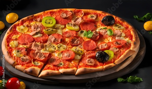 Serving delicious pizza with quail eggs ham sausage and vegetables on a black background. AI Generative