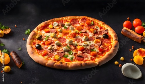 Serving delicious pizza with quail eggs ham sausage and vegetables on a black background. AI Generative