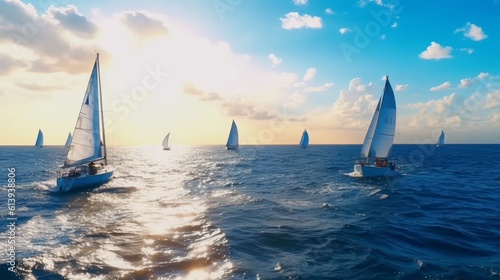 Boats sail on the blue ocean. Open water boating excitement and adventure concept. Generative AI