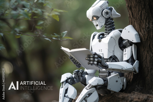 AI, Artificial intelligence, Robot reading a book in the nature, Generative AI
