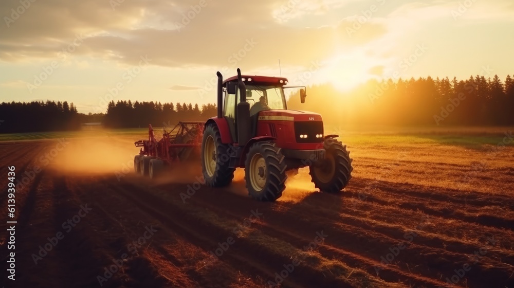 Tractor plants a field at sunrise. Concept of productivity and productivity of agriculture. Generative AI Tractor plants a field at sunrise. Concept of productivity and productivity of agriculture. Generative AI