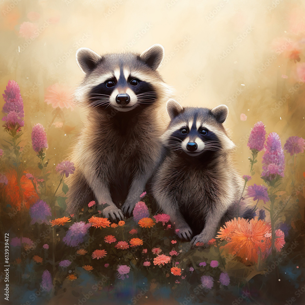 Poster Raccoon in Summer Forest. Animals concept. Generative AI illustration. Poster Raccoon in Summer Forest. Animals concept. Generative AI illustration.