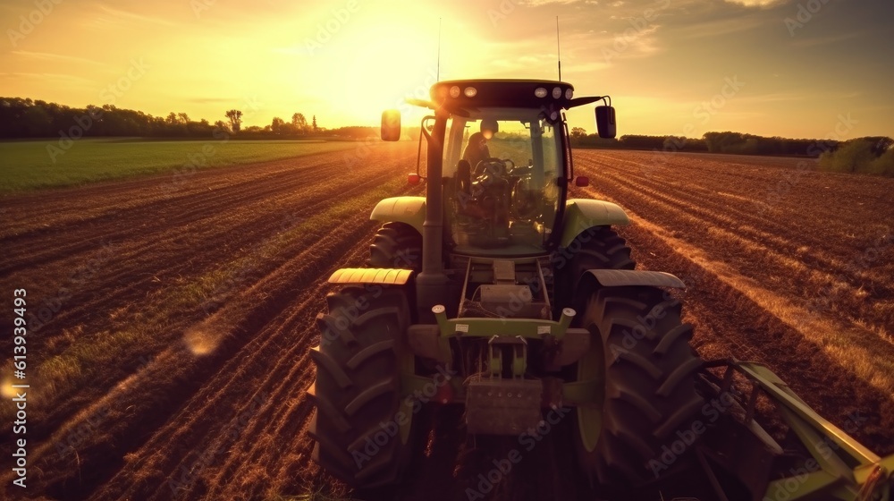 Tractor plants a field at sunrise. Concept of productivity and productivity of agriculture. Generative AI Tractor plants a field at sunrise. Concept of productivity and productivity of agriculture. Generative AI
