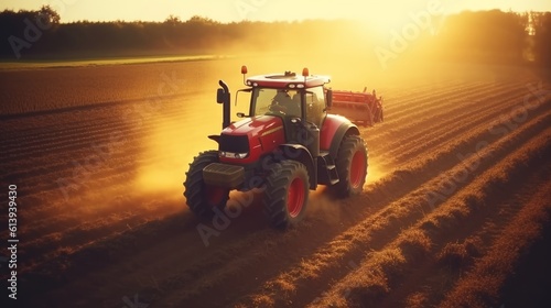 Tractor plants a field at sunrise. Concept of productivity and productivity of agriculture. Generative AI
