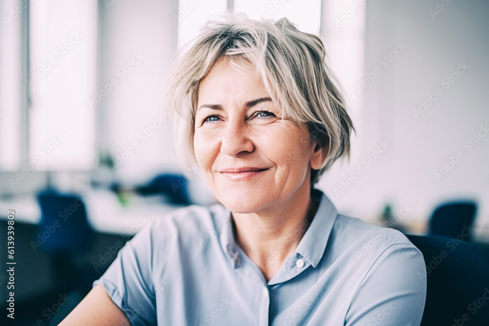 Fototapeta premium Beautiful middle aged woman with gray hair, office worker, looking at the camera and smiling while sitting