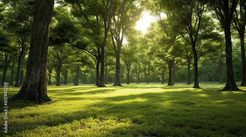 product photograph of Trees in the park with green grass and sunlight, fresh green nature background