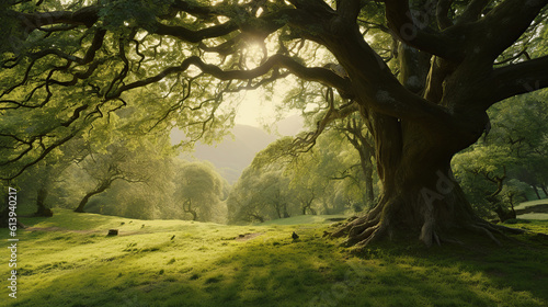 product photograph of Trees in the park with green grass and sunlight, fresh green nature background