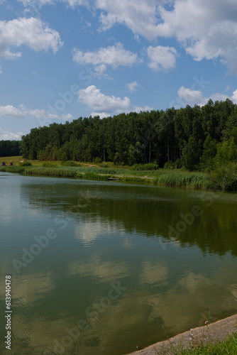 Landscape, view of the lake and the shore, green trees and water surface © Kozlik_mozlik