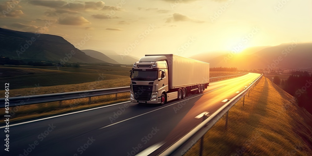 Cargo Truck on the Open Road at Sunset. Trucking Business in Motion Cargo Truck on the Open Road at Sunset. Trucking Business in Motion