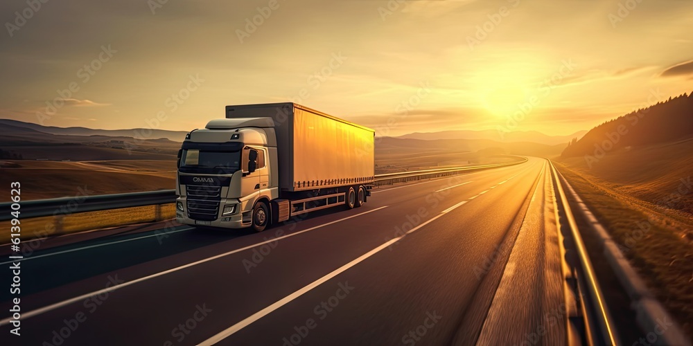 Cargo Truck on the Open Road at Sunset. Trucking Business in Motion