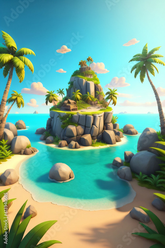 3D tropical island with palm trees and rocks  clear summer sky background  Generative Ai