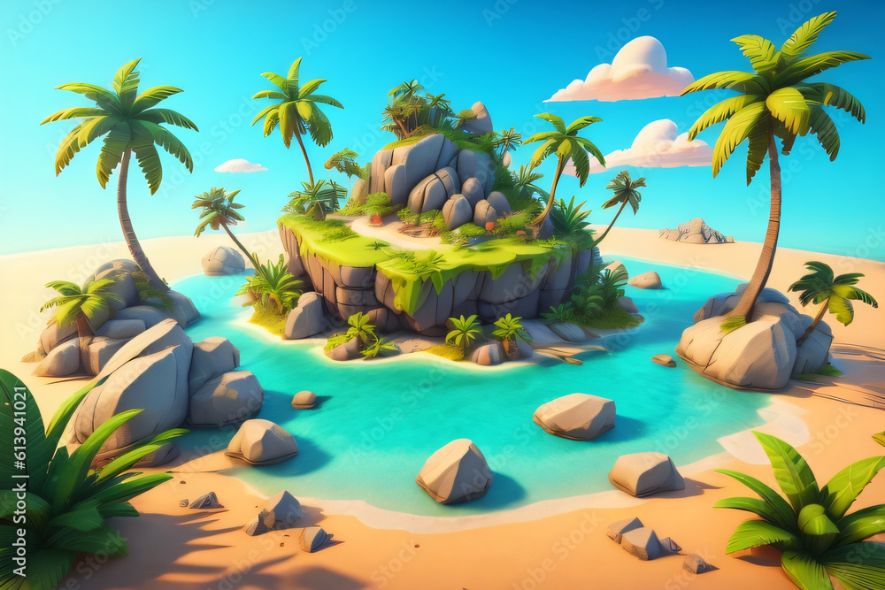 3D tropical island with palm trees and rocks, clear summer sky background, Generative Ai