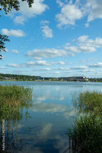 Landscape  view of the lake and the shore  green trees and water surface