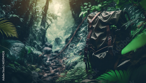 Big backpack near hiking trail in tropical forest. Jungle or rainforest outdoor nature background with copy space. AI generative image.