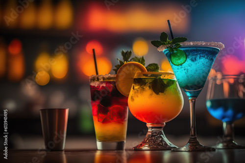 Different cocktails on counter with blurred bar background. AI generative images.