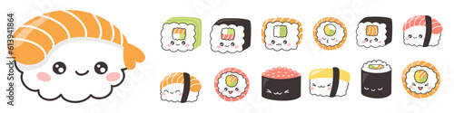 Vector character collection. Cute sushi and rolls. Fun food set on white background. Vector illustration