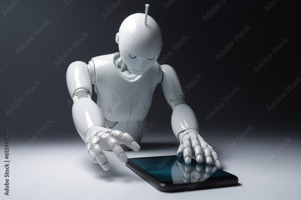 Photorealistic portrait of a humanoid cyborg robot on dark background. Generative AI illustration Photorealistic portrait of a humanoid cyborg robot on dark background. Generative AI illustration