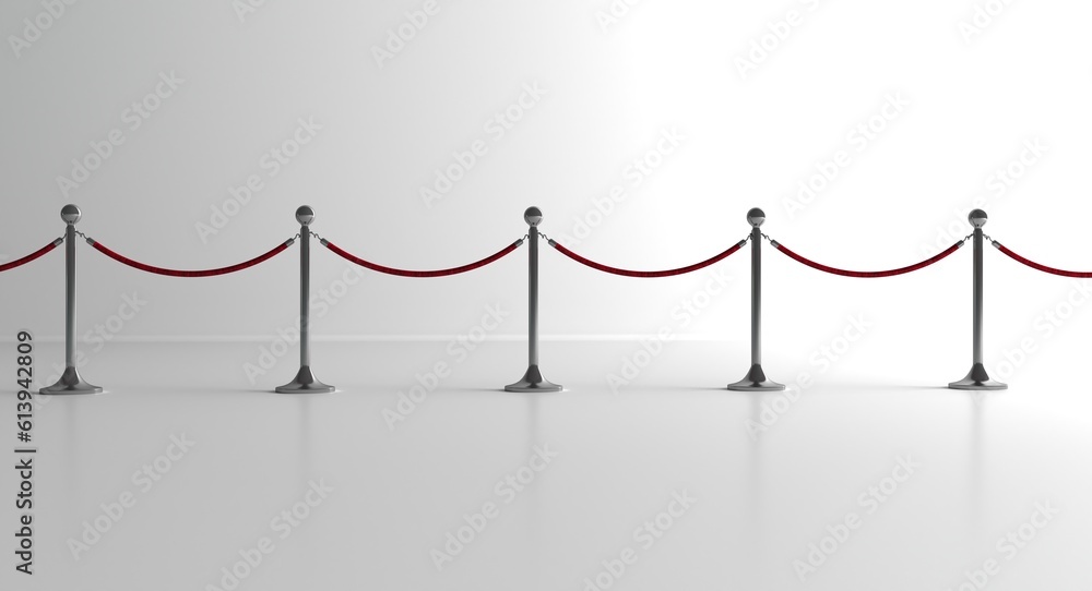 Retractable belt rack. Portable tape barrier. Red ropes on silver ...