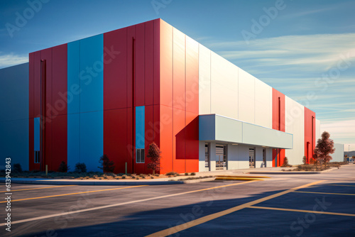 Modern sleek warehouse office building facility exterior architecture. Generative AI © Sunshower Shots