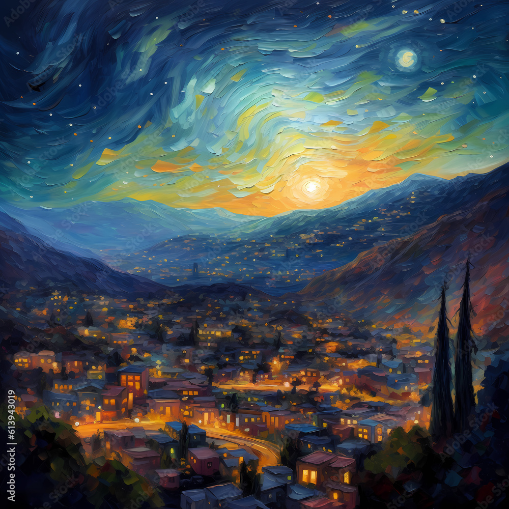 A Painting of a Clear Night Sky Above the Mountain Village