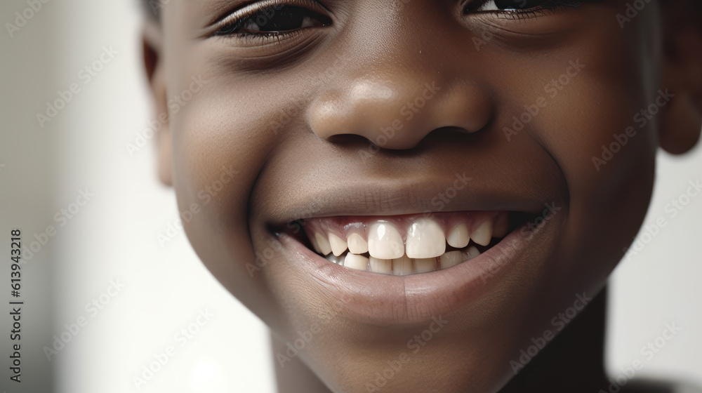 The smile of an African-American 7-year-old boy. Portrait of a laughing boy with beautiful white teeth. Healthy teeth, dentistry. Generated by AI Generative AI The smile of an African-American 7-year-old boy. Portrait of a laughing boy with beautiful white teeth. Healthy teeth, dentistry. Generated by AI Generative AI
