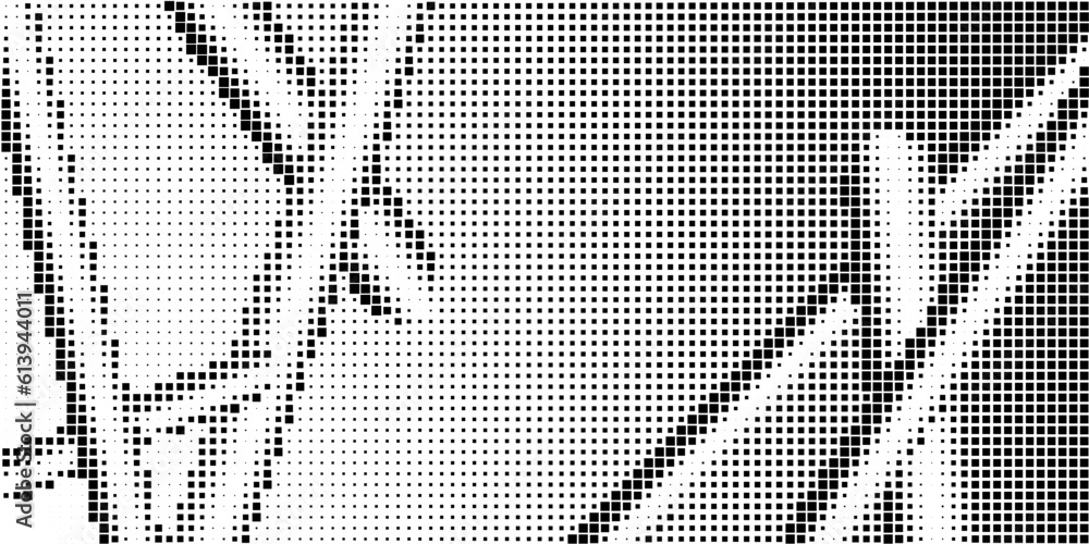 Halftone monochrome pattern with squares. Shades of grey. Minimalism, vector. Black and grey dots on white background. Background for posters, websites, business cards, postcards.