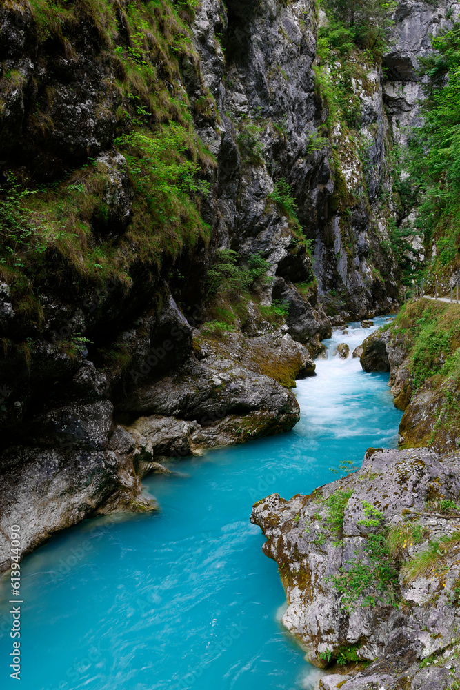 Fototapeta premium Beautiful landscape of Tolmin Gorges. Majestic scenery with clean mountain river in the deep gorges of Tolmin, Slovenia, Europe 