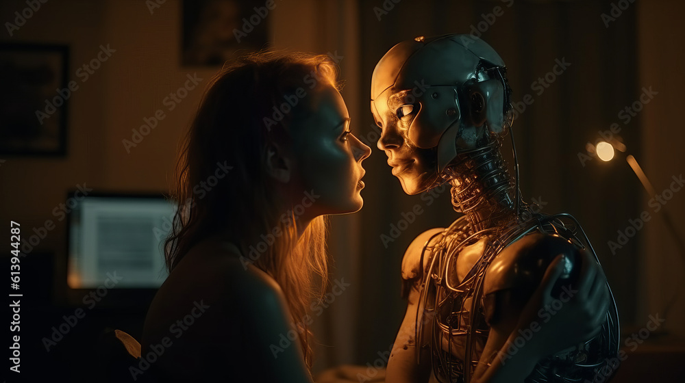 Relationship between a robot and a woman. Human woman kissing cyborg woman in a dark room with dim lights. Generated by AI. Cyber love. Artificial intelligence Generative AI Relationship between a robot and a woman. Human woman kissing cyborg woman in a dark room with dim lights. Generated by AI. Cyber love. Artificial intelligence Generative AI