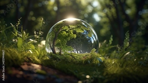 A glass transparent ball, symbolizing the planet, lies on the grass in the forest against the background of the sunset with tree inside. The concept of environmental protection. Generative AI