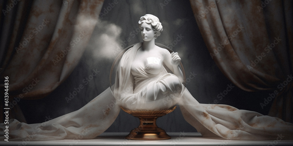 Classical still life with a marble bust constrained on a glass bubble, created with generative AI technology