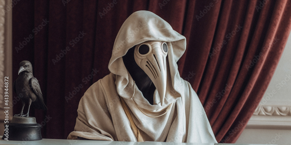 Victorian plague doctor in white, with a black crow, created with generative AI technology Victorian plague doctor in white, with a black crow, created with generative AI technology