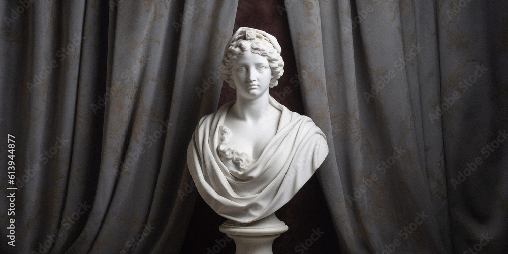 Classical still life with a marble bust and velvet curtains, created with generative AI technology Classical still life with a marble bust and velvet curtains, created with generative AI technology