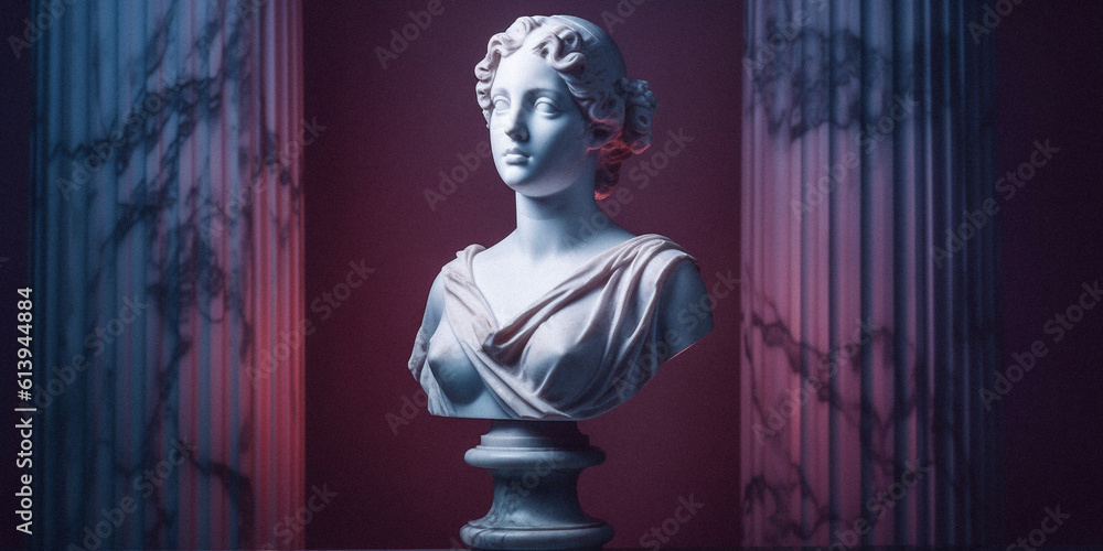 Classical still life with a marble bust and velvet curtains, created with generative AI technology Classical still life with a marble bust and velvet curtains, created with generative AI technology