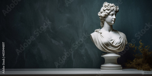 Classical still life with a marble bust and velvet curtains, created with generative AI technology