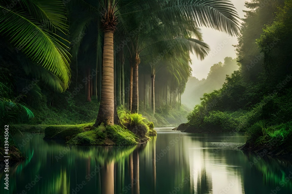 A rainforest with a bunch of trees and water