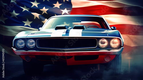 American Muscle Car with USA Flag Generative AI