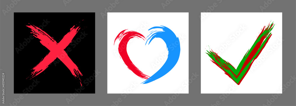The cross, heart and OK symbol are hand-drawn with a brush. Prohibition, denial, error. Love. Approval, consent. Vector, set of 3 characters The cross, heart and OK symbol are hand-drawn with a brush. Prohibition, denial, error. Love. Approval, consent. Vector, set of 3 characters